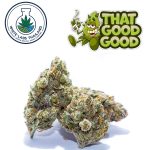 Detailed shot of cannabis buds from That Good Good showing trichomes and color.